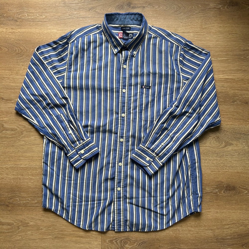 Chaps Mens Blue Striped Button Down Shirt Long Sleeve Easy Care Large